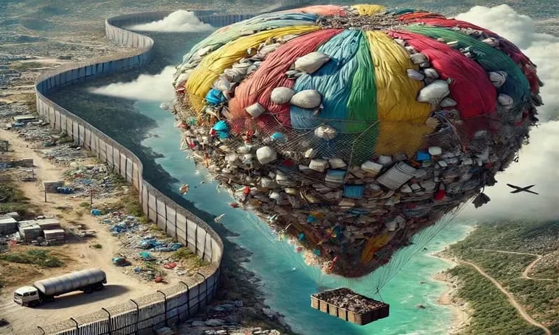 Ilustrasi balon berisi sampah yang mengudara di perbatasan kedua negara. (Foto: PARBOABOA/Fika)