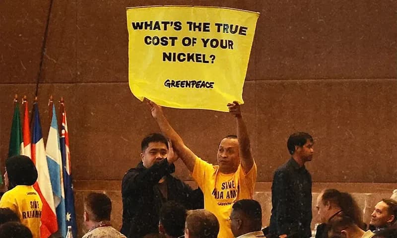 Seorang aktivis Greenpeace Indonesia membentangkan poster berisi kritikan terhadap proyek hilirisasi nikel di Raja Ampat (Foto: IG/@greenpeaceid)