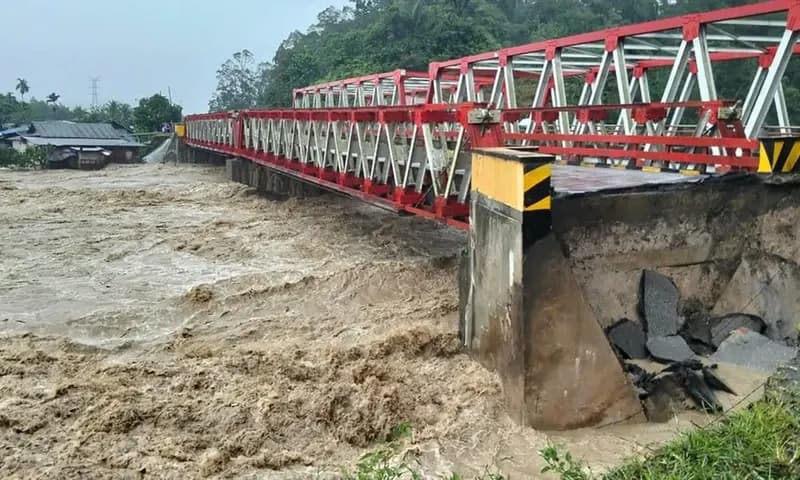 Sebuah jembatan di Kabupaten Tapanuli Utara, Sumatra Utara, terputus karena terjangan banjir pada Selasa (25/11/2025) (Foto: dok. BPBD Kabupaten Tapanuli Utara)