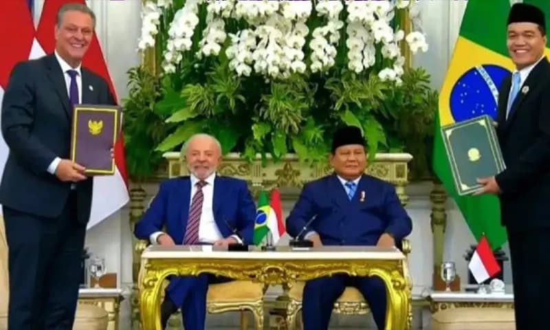 Penandatanganan Nota Kesepahaman (MoU) tentang kerja sama tindakan Sanitary dan Phytosanitary (SPS), serta sertifikasi produk antara Badan Karantina Indonesia (Barantin) dengan Kementerian Pertanian dan Peternakan Brasil di Istana Negara, Jakarta, Kamis (