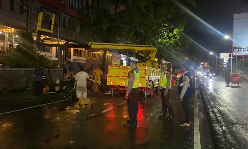 Petugas memotong dan membersihkan bekas pohon tumbang yang hampir menewaskan satu keluarga di ruas Jalan Iskandar Muda, Kecamatan Medan Baru, Kota Medan. (Foto: PARBOABOA/Ilham Pradilla)