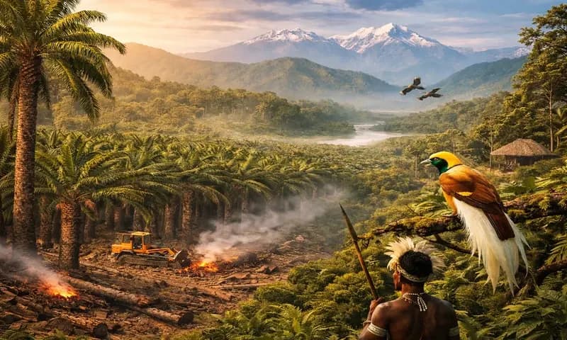 Ilustrasi kerusakan hutan Papua akibat ekspansi lahan sawit (Foto: PARBOABOA/Defri)