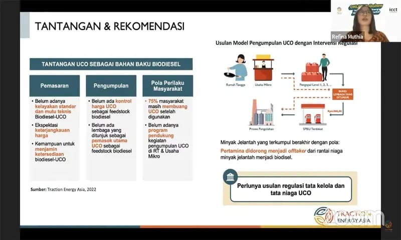 Refina Muthia, peneliti dari TRACTion Energy Asia, memaparkan tantangan-tantangan yang dapat dihadapi dalam menjadikan UCO sebagai bahan baku bio diesel. (Foto: Tangkapan Layar/Deddy Irawan)