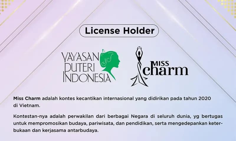 Yayasan Puteri Indonesia (YPI) kini akan mengirimkan wakilnya ke panggung kecantikan Miss Charm. Melalui akun resminya di Instagram, YPI menyatakan bahwa mereka adalah License Holder Miss Charm. (Foto: Instagram @officialputriindonesia)