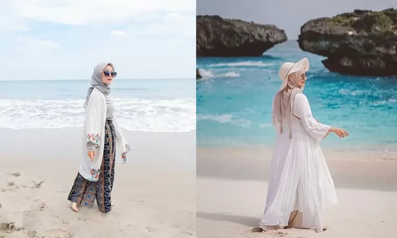 Contoh outfit ke pantai hijab simpel