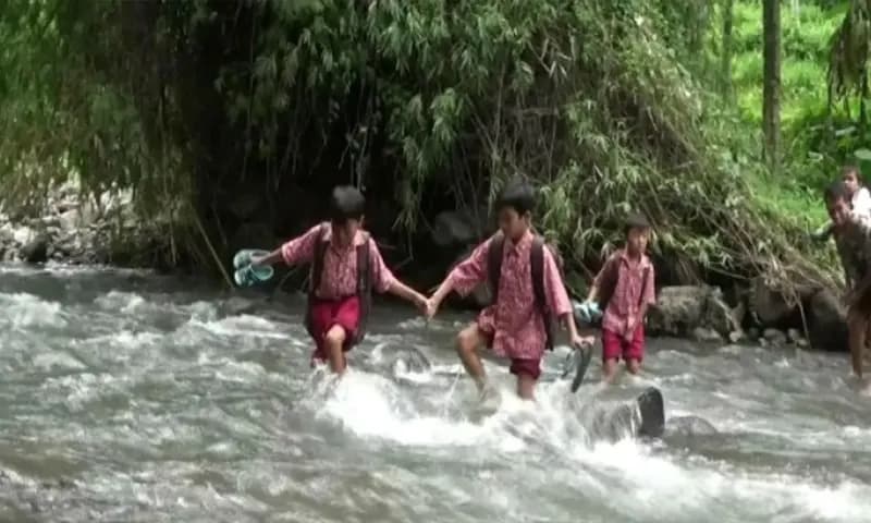 Siswa SDN 1 Campoan, Kecamatan Mlandingan, Situbondo saat menyeberangi sungai. (Foto: Dok. Antara)