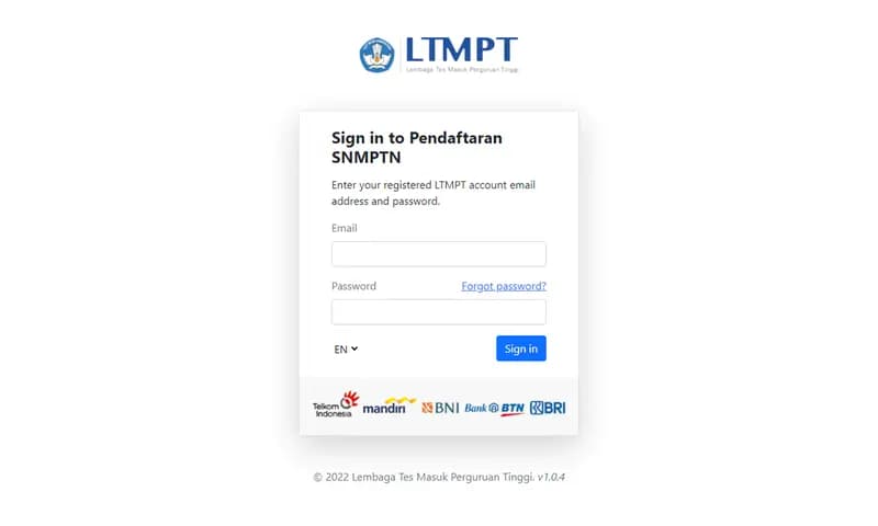 Tangkapan layar portal pendaftaran SNMPTN 2022 (LTMPT)