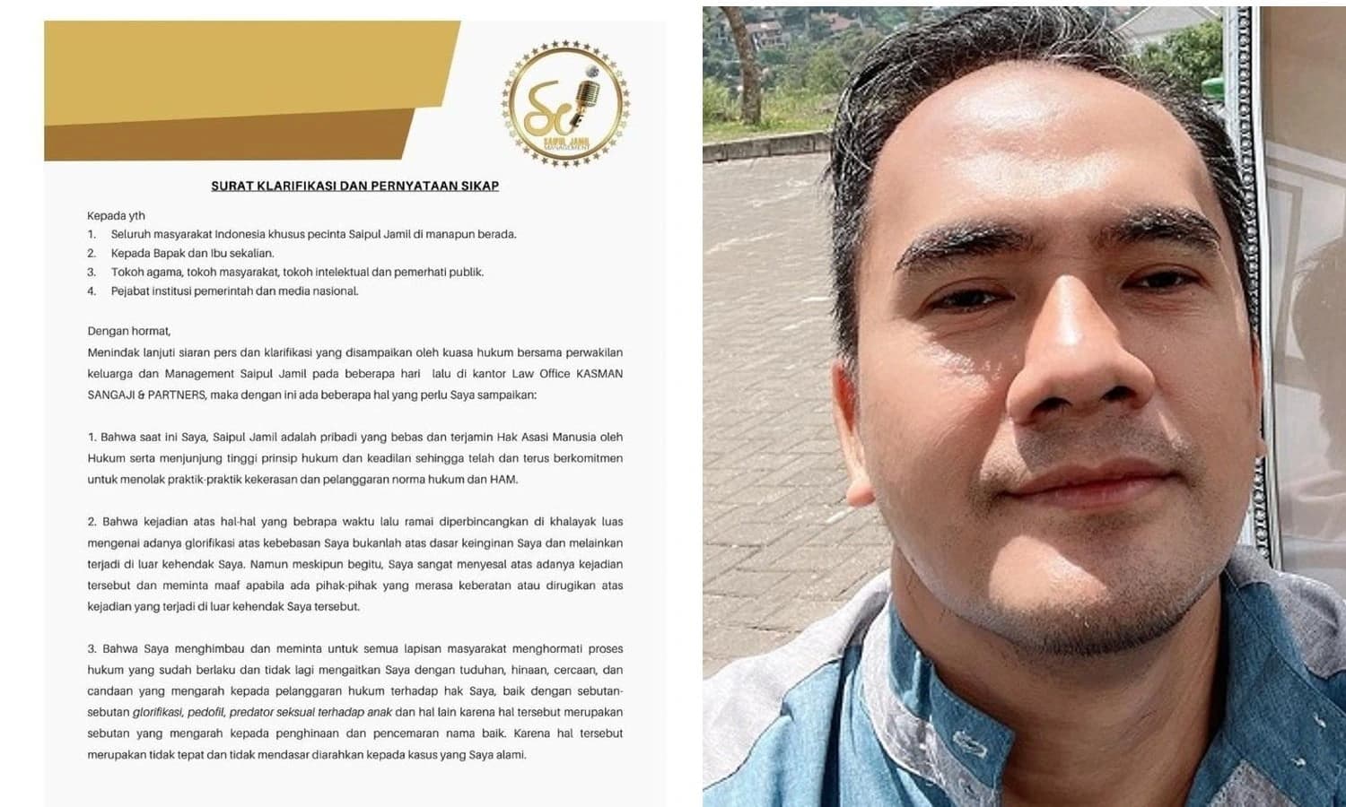 Surat klarifikasi dan pernyatan sikap yang dikeluarkan Saipul Jamil.