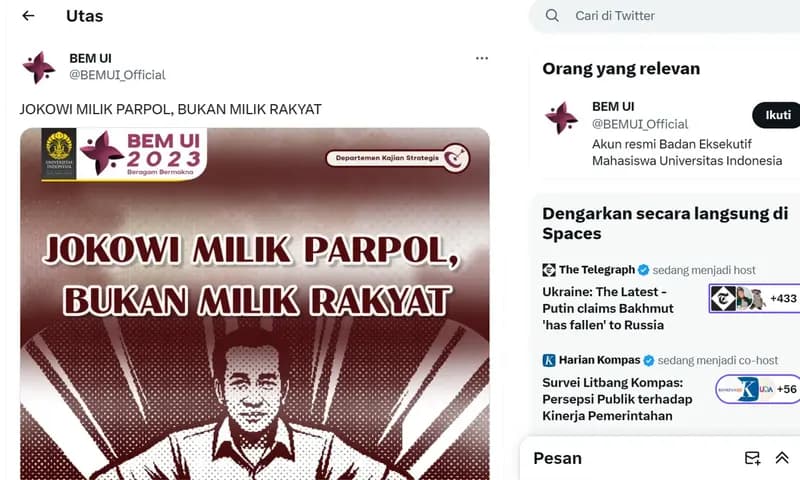 Tangkapan layar postingan akun twitter BEM UI yang diretas orang tidak dikenal setelah mengkritisi Presiden Jokowi. (Foto: Tangkapan layar)