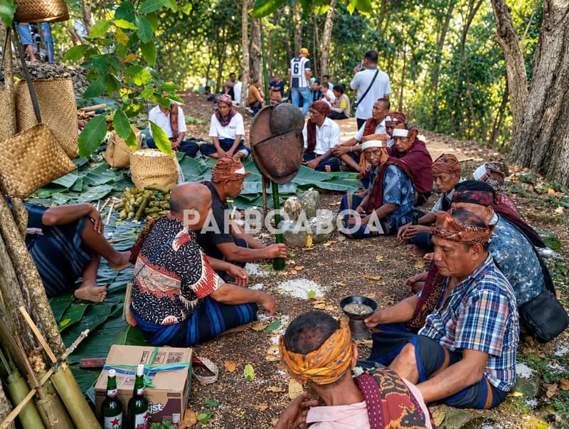 Para Mosalaki saat menjalankan ritual adat Loka Po’o (Foto: Risna Ase/PARBOABOA)