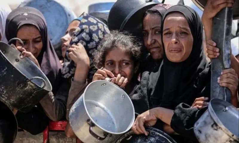 Warga Palestina menunggu untuk menerima makanan gratis dari pusat distribusi makanan di Kota Gaza, pada bulan 2 Agustus 2025. (Foto: Dok. ANTARA)