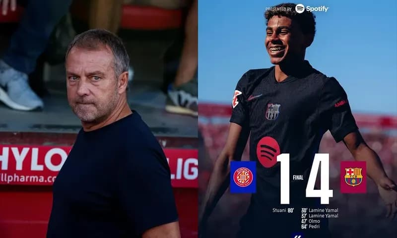 Pelatih Barcelona, Hansi Flick, memberikan pujian tinggi kepada Lamine Yamal setelah pemain muda tersebut mencetak gol perdananya yang impresif dalam kemenangan 4-1 atas Girona di Stadion Montilivi, Minggu (15/9/2024). (Foto: Instagram/@fcbarcelona)